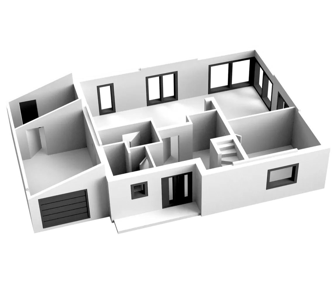 Das digitale Modell zur Freigabe vor dem Druck Digitales 3D-Modell eines Hauses ohne Dach: Räume, Türen, Fenster und Treppe sind sichtbar