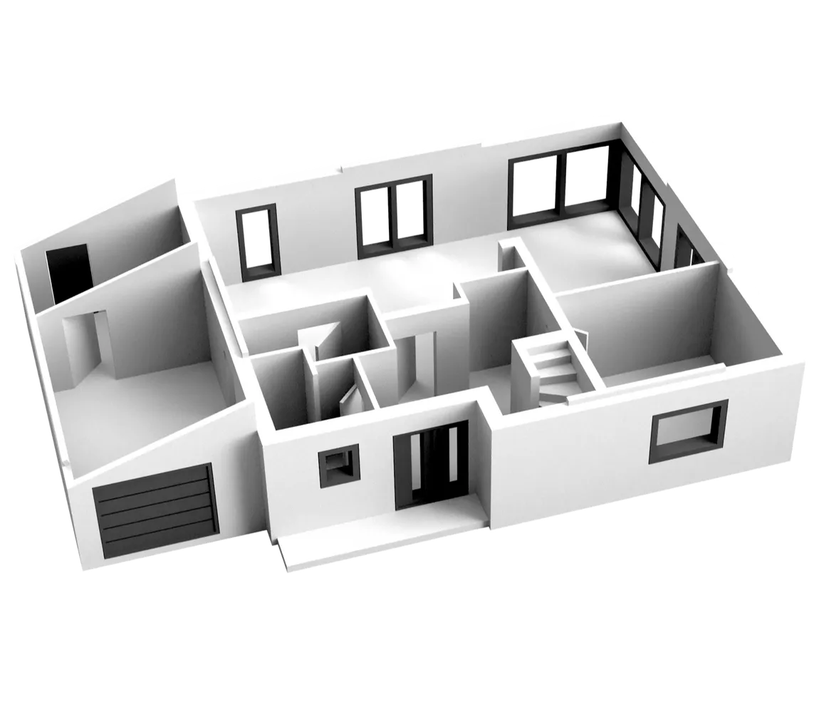 Digitales 3D-Modell eines Einfamilienhauses, aus 2D-Plänen erstellt