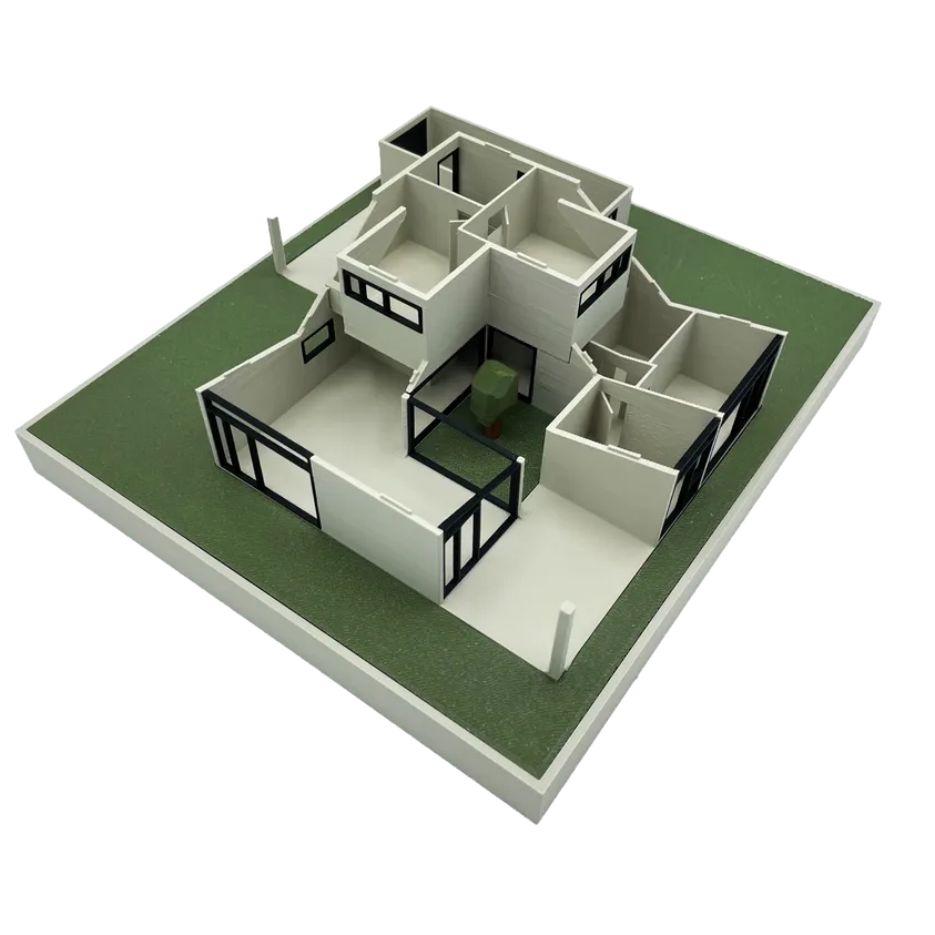 Architekturmodell mit abgenommener oberer Etage, Blick in die Räume des Erdgeschosses
